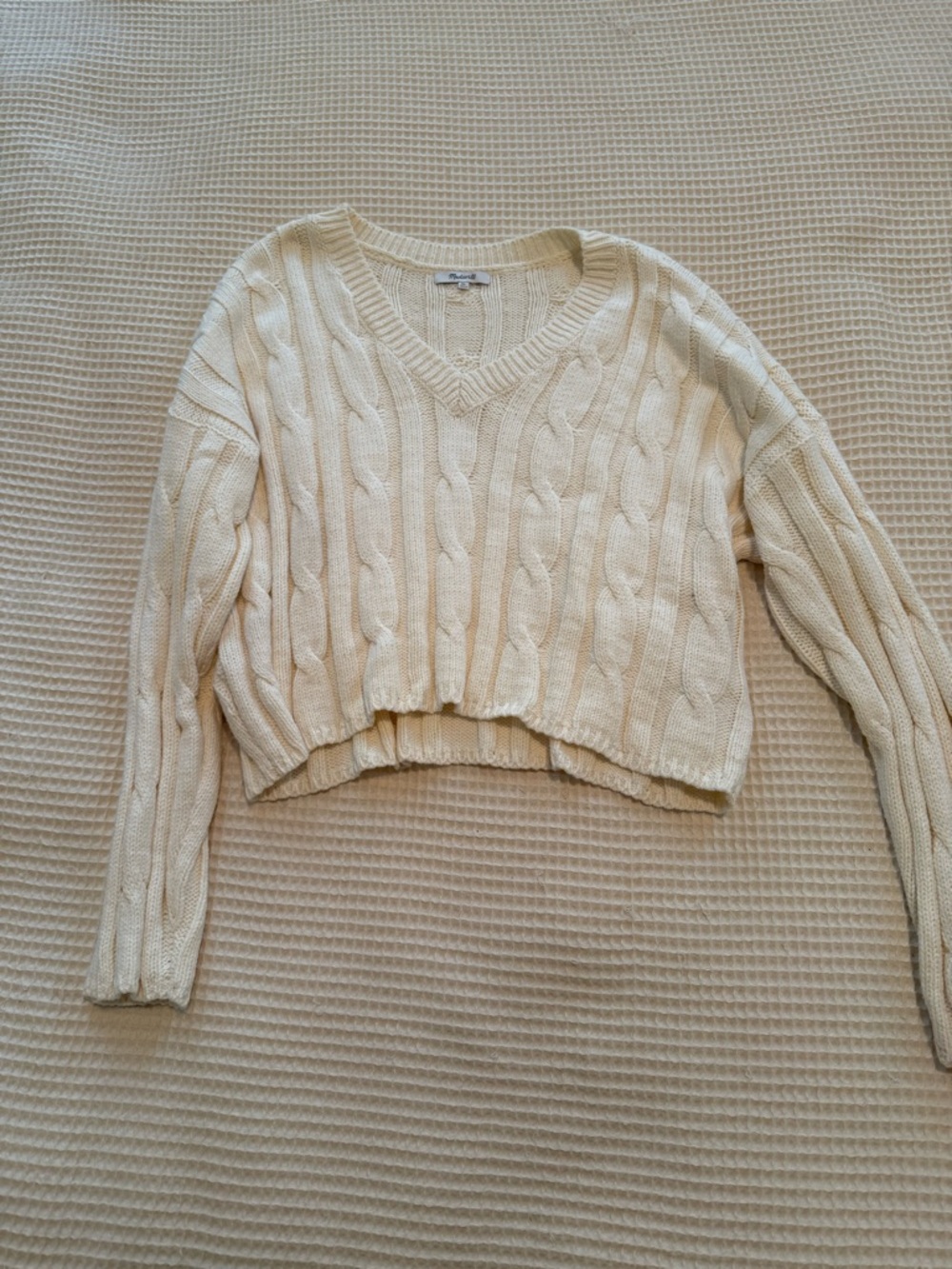 Madewell Cream Cable-Knit V-Neck Cropped Sweater